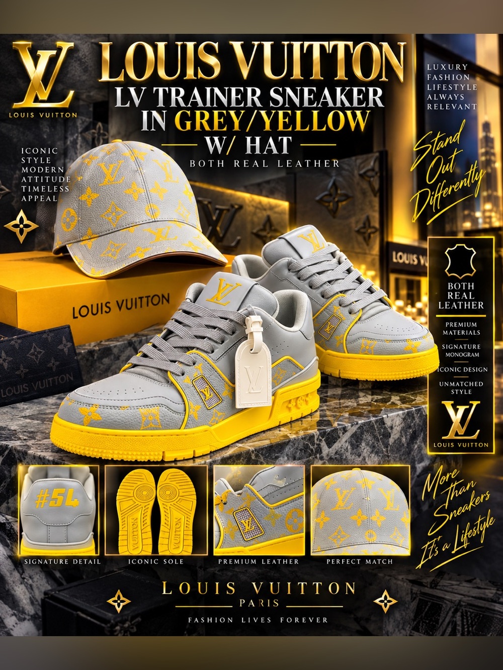 🔥Louis Vuitton LV Trainer sneakers in Yellow/Grey Color. W/Hat. Both Leather!🔥
